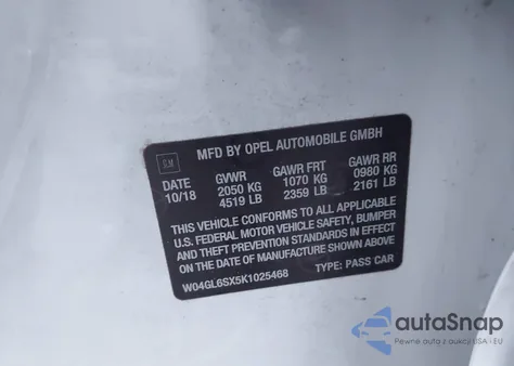 2019 Buick Regal Sportback Fwd Preferred из США, поврежденный, VIN W04GL6SX5K1025468